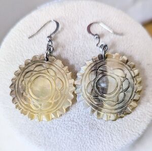 Vintage Hand Carved Mother of Pearl Shell Earrings Silver Hooks French Wire MoP